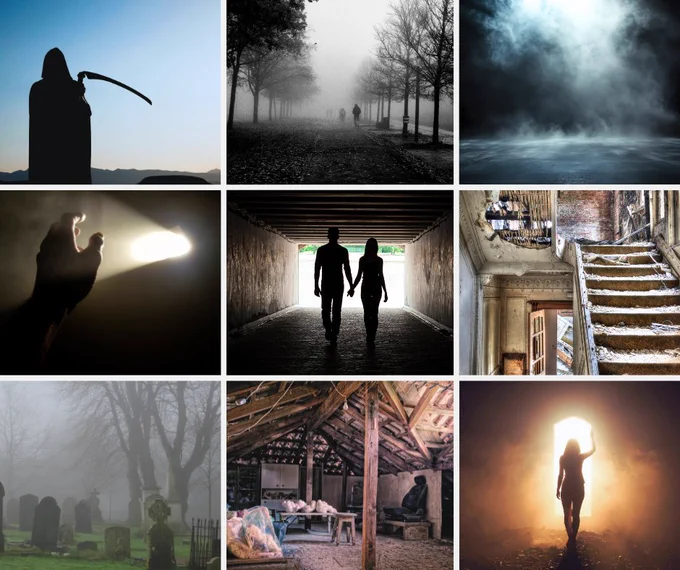 Moodboard for a YA paranormal fantasy book with eerie vibes in dark grays, browns, and blues.
