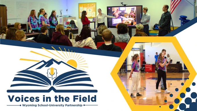 A flyer advertising Voices in the Field with photos of teachers in a classroom and students in a gym.