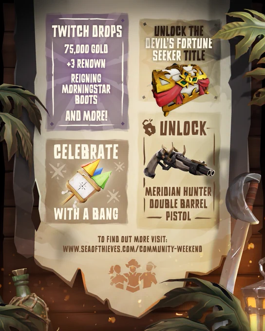 Page two of an infographic showing activities in Sea of Thieves' Season 18 Community Weekend.The following are mentioned: Twitch Drops (75,000 gold,  3 Renown, Reigning Morningstar Boots and more), Unlock the Devil's Fortune Seeker Title (a Chest of Fortune is pictured), Celebrate with a bang (fireworks are pictured) and 'Unlock the Meridian Hunter Double Barrel Pistol'. An additional line of text reads "to find out more visit: www.seaofthieves.com/community-weekend".