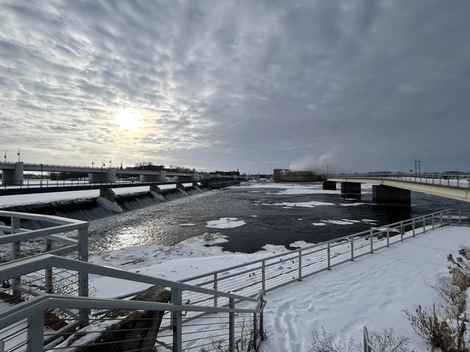 Frozen river looking over the bridge