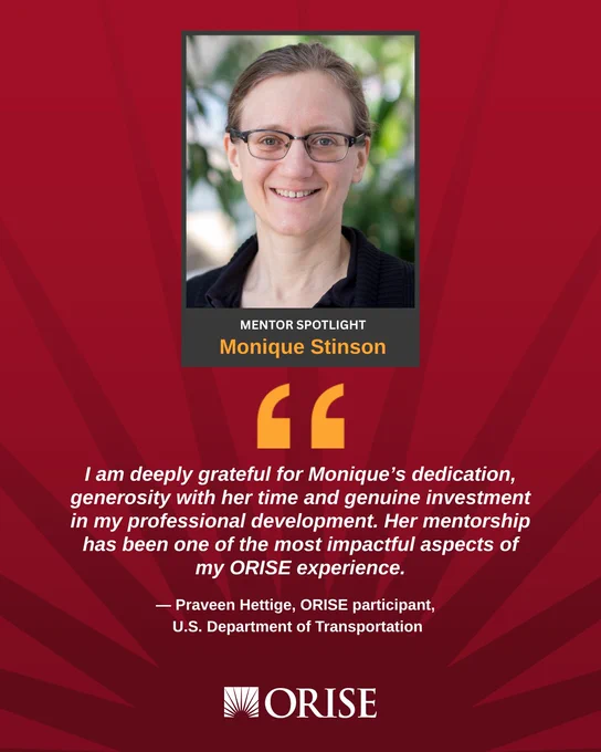 A social media promotional image showcasing a note of appreciation for ORISE mentor Monique Stinson from participant Praveen Hettige. The note reads: "I am deeply grateful for Monique’s dedication, generosity with her time and genuine investment in my professional development. Her mentorship has been one of the most impactful aspects of my ORISE experience."
