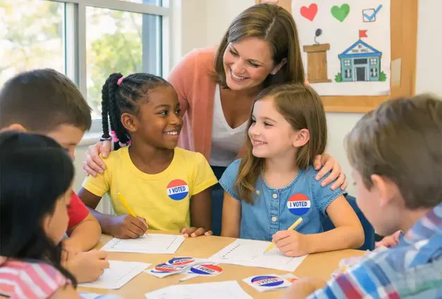 A smiling teacher stands behind a diverse group of elementary students seated at a table. Two students wearing "I VOTED" stickers look at each other while holding pencils over papers, with a "Town Hall" drawing visible in the background.