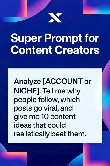 Super Prompt for Content Creators — which reads: “Analyze [ACCOUNT or NICHE]. Tell me why people follow, which posts go viral, and give me 10 content ideas that could realistically beat them.”