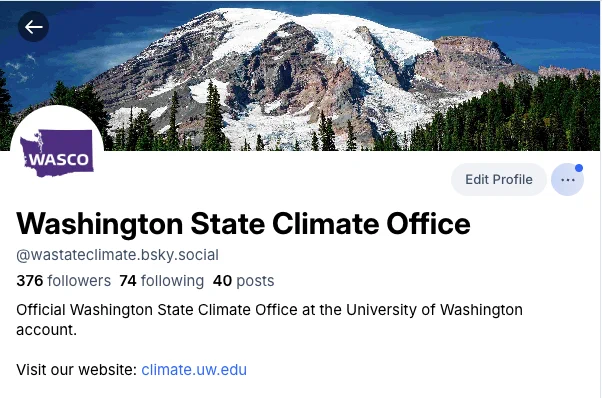 An image of the official WASCO BlueSky account with the handle @wastateclimate.bsky.social