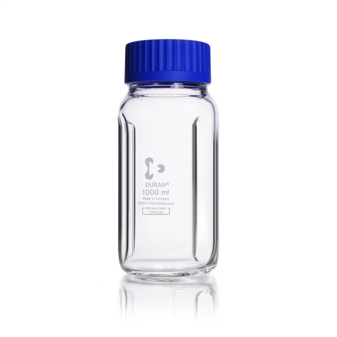 https://www.dwk.com/duran-gls-80-laboratory-bottle-baffled-wide-mouth-clear-with-screw-cap-and-pouring-ring-pp-blue-1000-ml-212865453