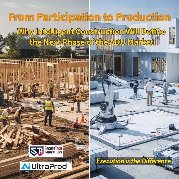 Split-screen image comparing traditional construction with many workers and visible clutter on the left, and AI-driven robotic-assisted construction with fewer workers and a nearly completed structure on the right, emphasizing efficient execution. 