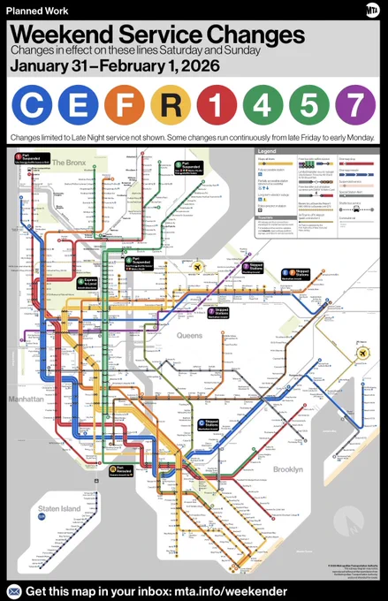 Weekend service change map between Jan 30th - Feb 1st, 2026