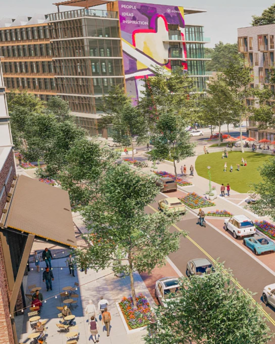 An artistic rendering of a vibrant urban scene featuring a bustling street with pedestrians, colorful buildings, and green spaces.