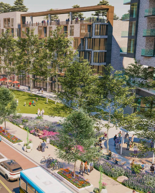 An artist's rendering of a vibrant urban scene featuring modern apartment buildings with balconies overlooking a bustling street lined with trees and colorful flowerbeds. People are walking, cycling, and conversing in a lively community setting.