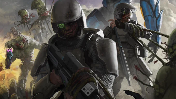 Crop of Halo: Parasite's Wake cover art depicting Staff Sergeant Marvin Mobuto, a U N S C marine, and a Sangheili surrounded by Flood.