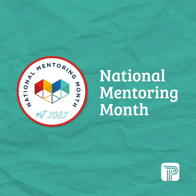 Green background and white text National Mentoring Month. National Mentorship Month logo and PCG logo are present.