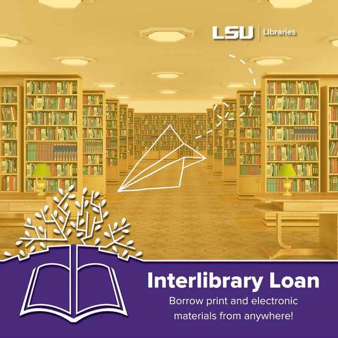 Image of a folded paper plane flying through a library reads, "Interlibrary loan; borrow print and electronic materials from anywhere!"