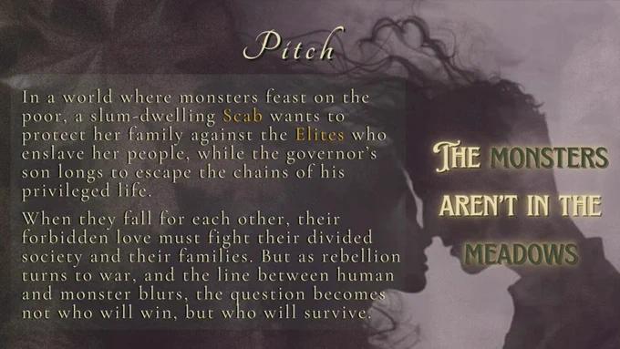 Pitch slide for the novel ‘Snowdrops & Stones’. On the left, text describes a dystopian fantasy world where monsters prey on the poor, a slum-dwelling girl seeks to protect her family from the ruling elite, and the governor’s son longs to escape his privileged life. Their forbidden romance unfolds as rebellion turns to war. On the right, a silhouette of two figures facing each other with the text ‘The monsters aren’t in the meadows’.