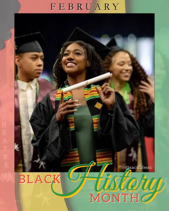 A smiling graduate wearing a cap, gown, and colorful kente stole holds a diploma while walking in a graduation ceremony, with other graduates behind them. Text reads “February – Black History Month.