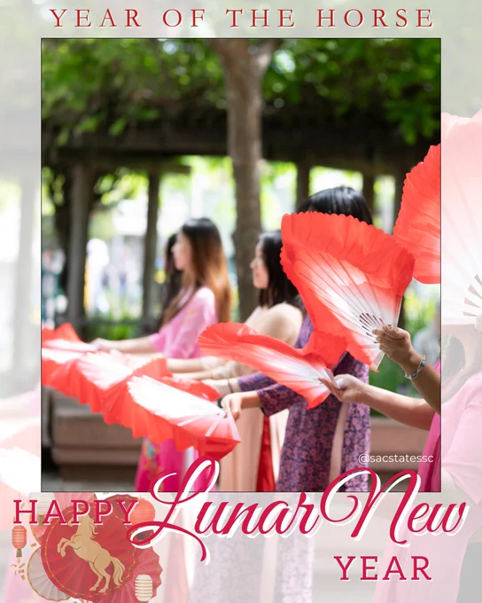 A group of people perform a fan dance outdoors, holding large red fans in a line. Text reads “Year of the Horse – Happy Lunar New Year.”