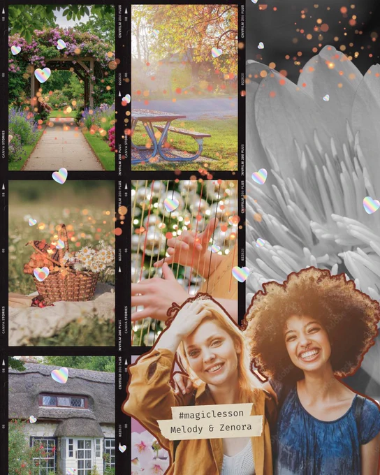 Flowers garden harp collage blonde and curl haired girl