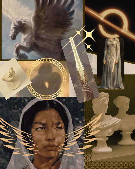 Gold, Romanesque aesthetic 

Top: painting of flying Pegasus, black hole in space 

Middle: statue with half head, shadowed couple kissing, sword, woman wearing draping gown 

Bottom: black woman wearing white hood, statues