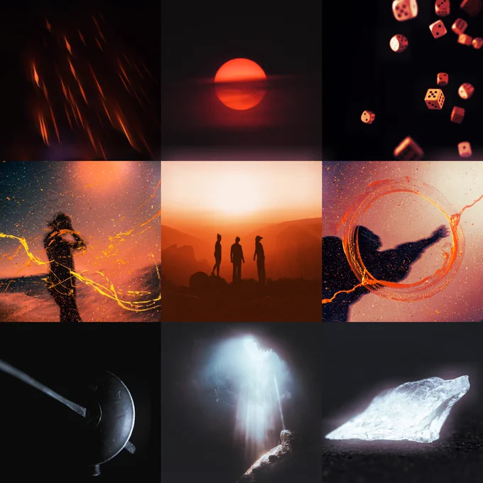 The upper two thirds of this moodboard feature a warm orange and black palette while the bottom third with more black and white with a close of on a fencing sabre’s guard, light shining down into a cave, and a crystal. The top two thirds have dice falling, an orange sub at sunset, abstract images that look like silhouettes casting magic, and in the center are three silhouettes backlit by an orange sunset, looking off into the distance.