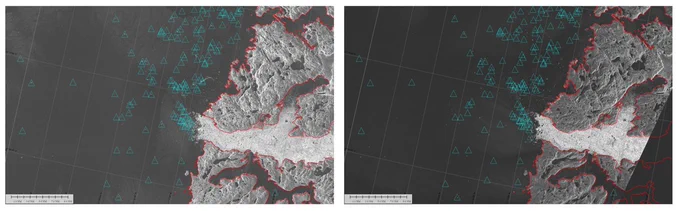 The left panel features Sentinel-1 data collected on 18 September 2023, with triangles representing iceberg detections; the right panel shows TerraSAR-X detections acquired on 19 September, overlayed onto the Sentinel-1 data 
credits: Contains modified Copernicus Sentinel data (2023); produced using TerraSAR-X data © DLR (2026), distributed by Airbus DS DE, provided under COPERNICUS by the European Union and ESA, all rights reserved.