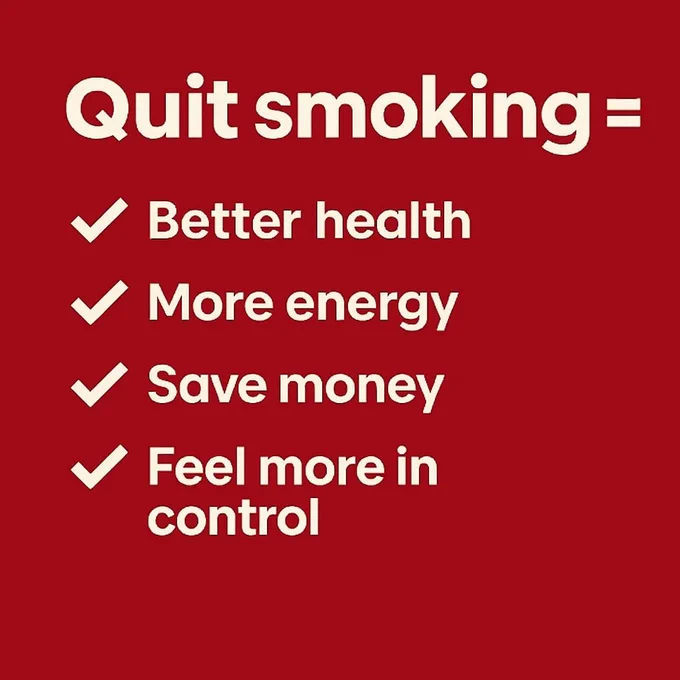 Solid red background with bold white text at the top reading: “Quit smoking =”. Below are four bullet points with white check marks and text: “Better health”, “More energy”, “Save £172 a month”, and “Feel more in control”.