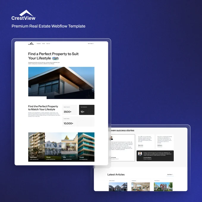 Crestview is a premium real estate Webflow template that combines modern design with powerful functionality, perfect for building a professional property website.