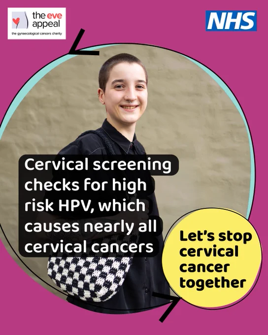 Young person with a checkered bag promoting cervical screening for high-risk HPV to prevent cervical cancer. Text reads 'Cervical screening checks for high risk HPV, which causes nearly all cervical cancers. Let's stop cervical cancer together.'