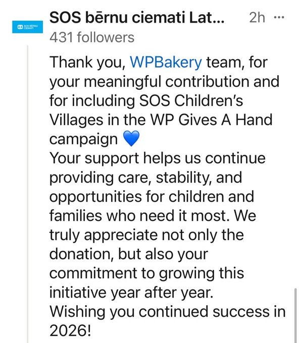 Screenshot of SOS Villages Latvia comment on WPBakery’s #WPGivesAHand initiative