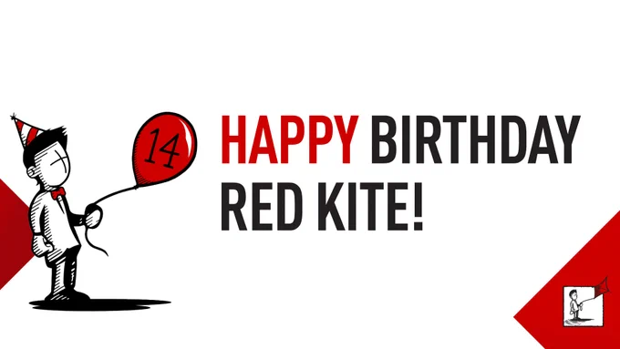 The Red Kite boy holding a balloon with the number 14, celebrating 'Happy Birthday Red Kite!' with a Birthday hat. 