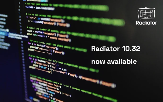 Text "Radiator 10.32 now available" in white, with computer screen in the background