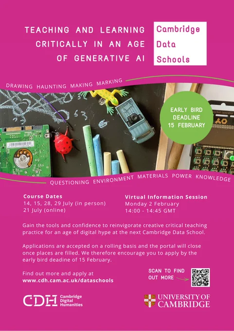 Bright pink poster with green highlights featuring details for the Critical AI Data School. Photo includes collage of objects including chalk, blackboard, toy cars, floppy disk, small dinosaur figures.