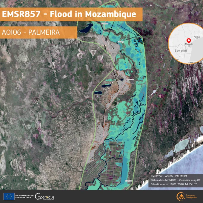 Heavy rain that started in December, has caused several floods in Mozambique. Based on the analysis of 12 remotely-sensed images, Copernicus Emergency estimated that approximately 24k individuals, 598.2 ha of buildings, and 550 km of roads had been potentially affected in 6 areas of interest.