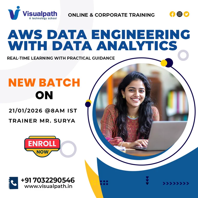 🚀 Upcoming New Batch – AWS Data Engineering with Data Analytics ☁️📊

📌 Course Name: AWS Data Engineering with Data Analytics
👨‍🏫 Trainer: Mr. Surya
📅 Batch Start Date: 21/01/2026
⏰ Time: 8:00 AM IST
🎓 Mode: Online & Corporate Training

✨ Real-time Practical Learning
✨ Industry-Oriented Curriculum
✨ Career & Interview Guidance

📞 For Enrollments & Details:  91 7032290546
🌐 Website: www.visualpath.in

📢 Limited seats available – Enroll now and step into the world of cloud data engineering!

#AWS #DataEngineering #DataAnalytics #AWSTraining #CloudCareers #BigData #Visualpath #NewBatch #TechTraining