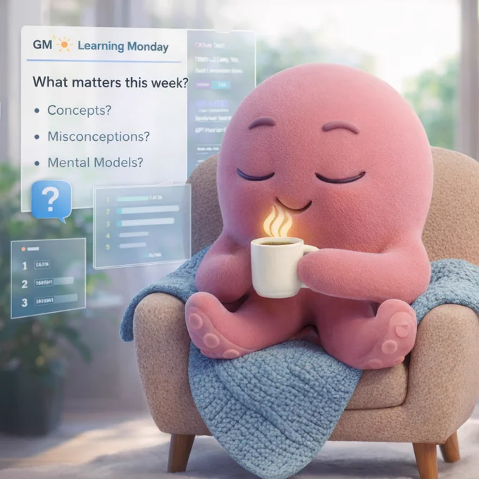 Kai, Shinkai Mascot. Pink octopus relaxing in an armchair, sipping a steaming mug while translucent learning prompts float nearby.