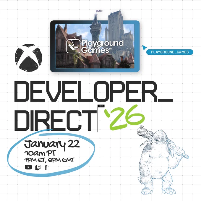 The creative contains details about Developer_Direct 2026. The online event will be hosted on January 22 2026 at 10am PT, 1PM ET or 6PM GMT. There is an image of a Hobbe and the landscape of Bowerstone. Both the Playground Games and XBOX logo can be seen on the creative also.