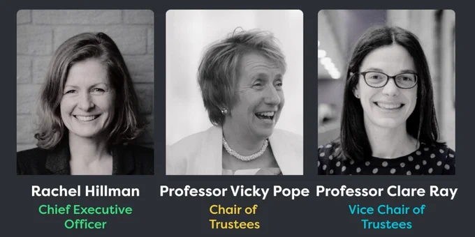 Side by side headshots of incoming CEO Rachel Hillman,  and Chair of Trustees Professor Vicky Pope and Vice Chair Professor Clare Ray from left to right with their titles underneath.