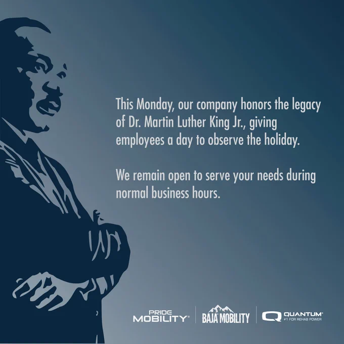 Image featuring a silhouette of Dr. Martin Luther King Jr. with text celebrating his legacy and stating the company remains open during the holiday with ' logos at the bottom.