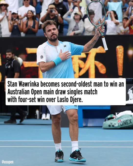 Stan Wawrinka becomes second-oldest man to win an Australian Open main draw singles match with four-set win over Laslo Djere