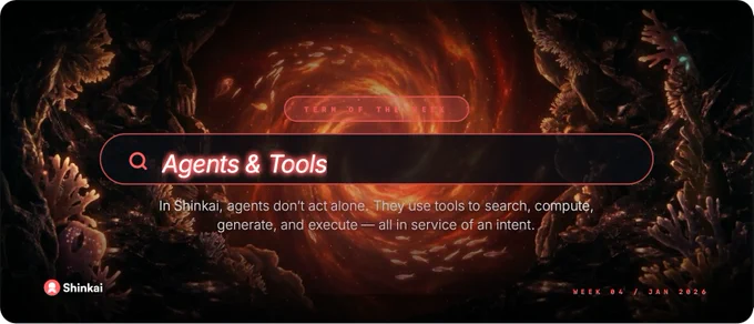 Shinkai Term of The Week. Dark underwater scene with glowing coral framing a swirling, fiery vortex; neon search bar reading "Agents & Tools" and small explanatory caption beneath.