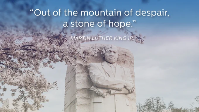 Martin Luther King Jr. Memorial with a quote saying 'Out of the mountain of despair, a stone of hope.'