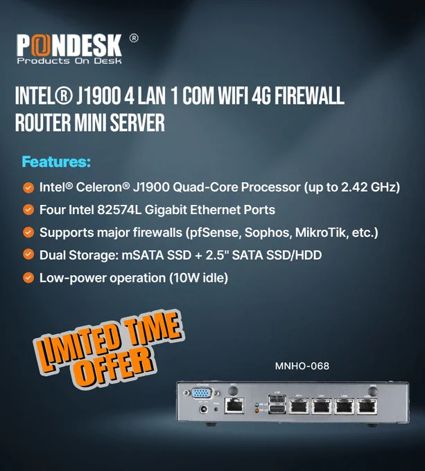 Upgrade your network with the PICOPC Mini Server – compact, powerful, and energy-efficient. Perfect for VPN, firewall, routing, and security gateway needs. Built for stable performance with Intel® quad-core processing and multiple LAN options.