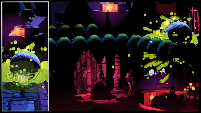 A comic book style page with a boulder rolling over something in a puff of green smoke from two angles, with Hank standing on a level below the boulder