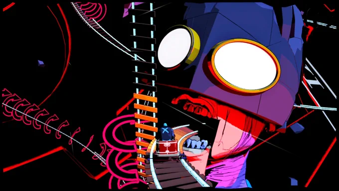 Hank rides a minecart roller coaster into his own giant face and open mouth