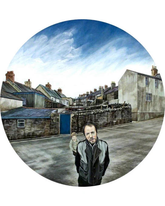 A circular painting shows a man standing in a street. A little boy peers out from behind him. Behind them are rows of terraced houses. 