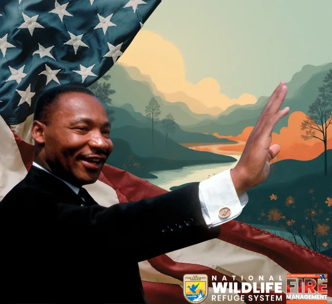Mixed media image of Martin Luther King Jr. in a suit raising his hand and smiling; an American flag in the background alongside a graphic designed scenic mountain and river background.