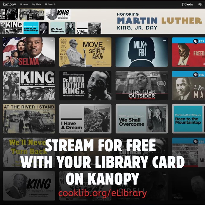 A screenshot of the Kanopy listing of Martin Luther King, Jr media. An overlay says "Stream for free with your library card on Kanopy. cooklib.org/eLibrary"