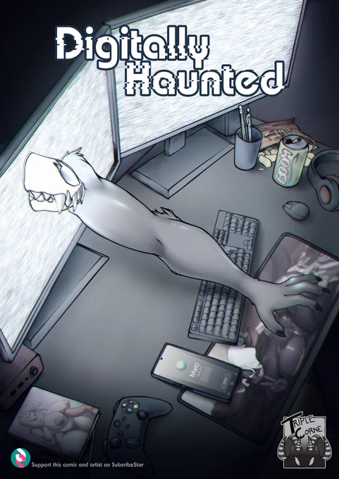 Cover to the comic Digitally Haunted, the left arm and skull of Malo are coming out of a computer screen, reaching out, the desk has many items, keyboard, deskmat with a cow fursona, a book with Toriel on the cover, a game controller and a smartphone displaying the successful download of the Mal0 app