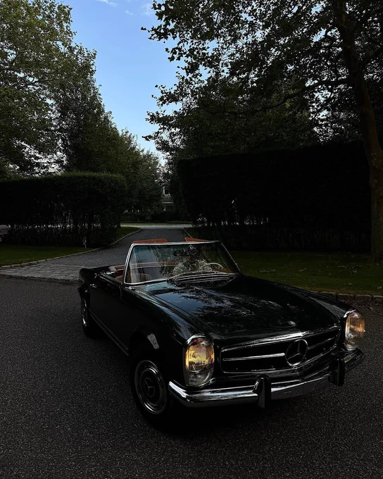 A classic black Mercedes-Benz convertible is parked on a paved road. Tall green hedges flank both sides of the street, and lush trees provide shade in the background. The sky is clear with hints of blue.