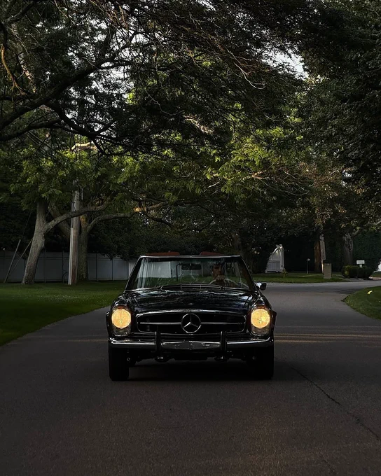 A classic black Mercedes-Benz car is driving down a tree-lined road, with soft sunlight illuminating its front. Lush green trees create a canopy overhead, while a grassy area is visible on the left side of the image.