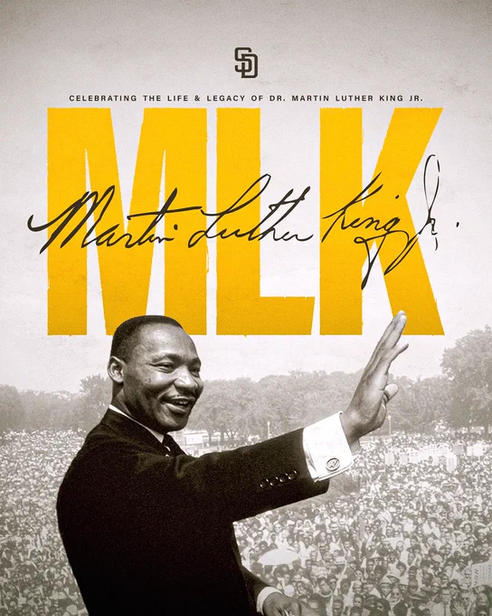 Martin Luther King Jr. Day Graphic. The top of the graphic has the brown SD logo. Beneath this, there is text that says, “Celebrating the life and legacy of Dr. Martin Luther King Jr.”. Beneath this, there is gold text that says “MLK” with his signature on top in brown. Beneath this, there is a photo of him waving.