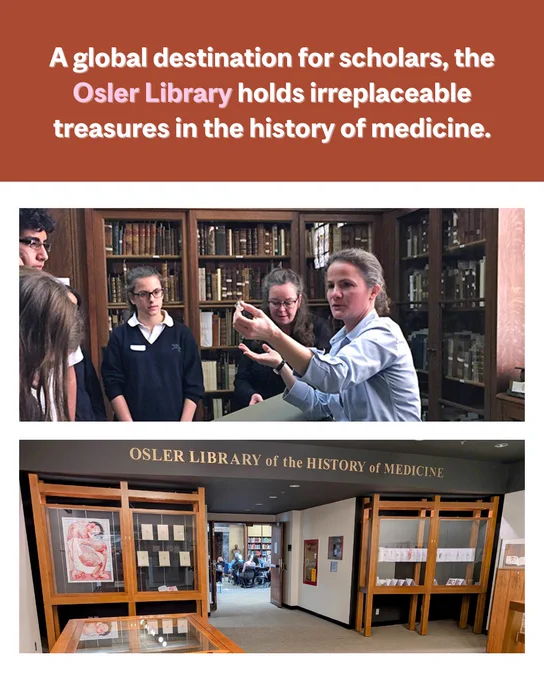 Brown graphic with two pictures of the Osler Library and the same wording as the post.